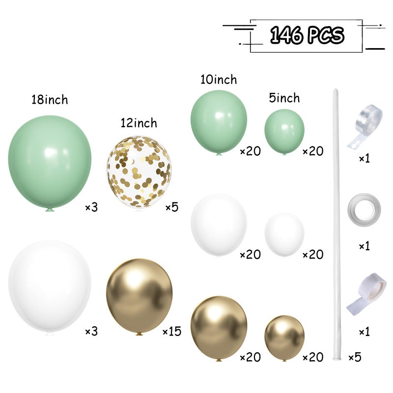MEBAY Sage Green White Gold Balloon Garland Arch Kit, 146Pcs Latex Balloons Different Sizes 18 12 10 5 Inch for Birthday Baby Shower Gender Reveal Wedding Party Decoration - Image 2