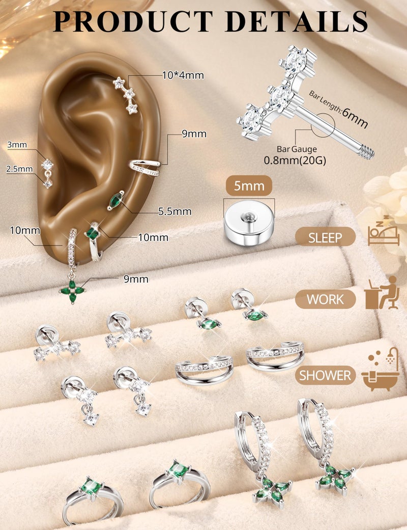 MILACOLATO 6 Pairs Silver Earrings Stacks for Women Trendy Dainty 14K Gold Plated Small Stud Huggie Hoop Earring Sets for Multiple Piercing Hypoallergenic Flat Back Cartilage Earrings for Sensitive Ears SG - Image 2