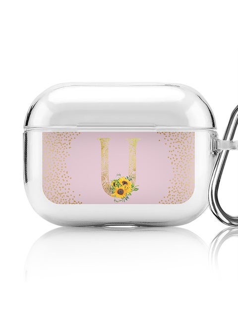 Classic Clear printed Case for Apple Airpods Pro Soft TPU Gel Thin Transparent Flexible Cover - Custom Monogram Initial Letter Mandala Floral Pattern Alphabet - U (Pink )
