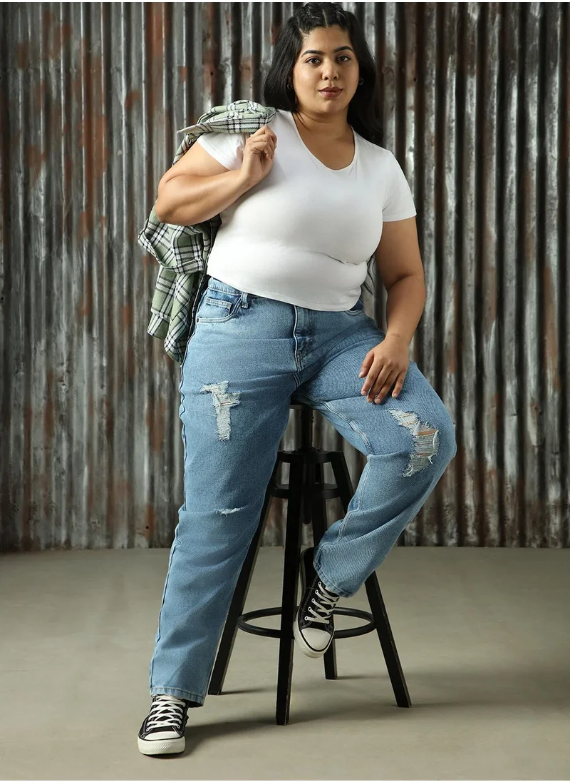 هاي ستار Women's Indigo 100% Cotton Distressed Plus Size Jeans