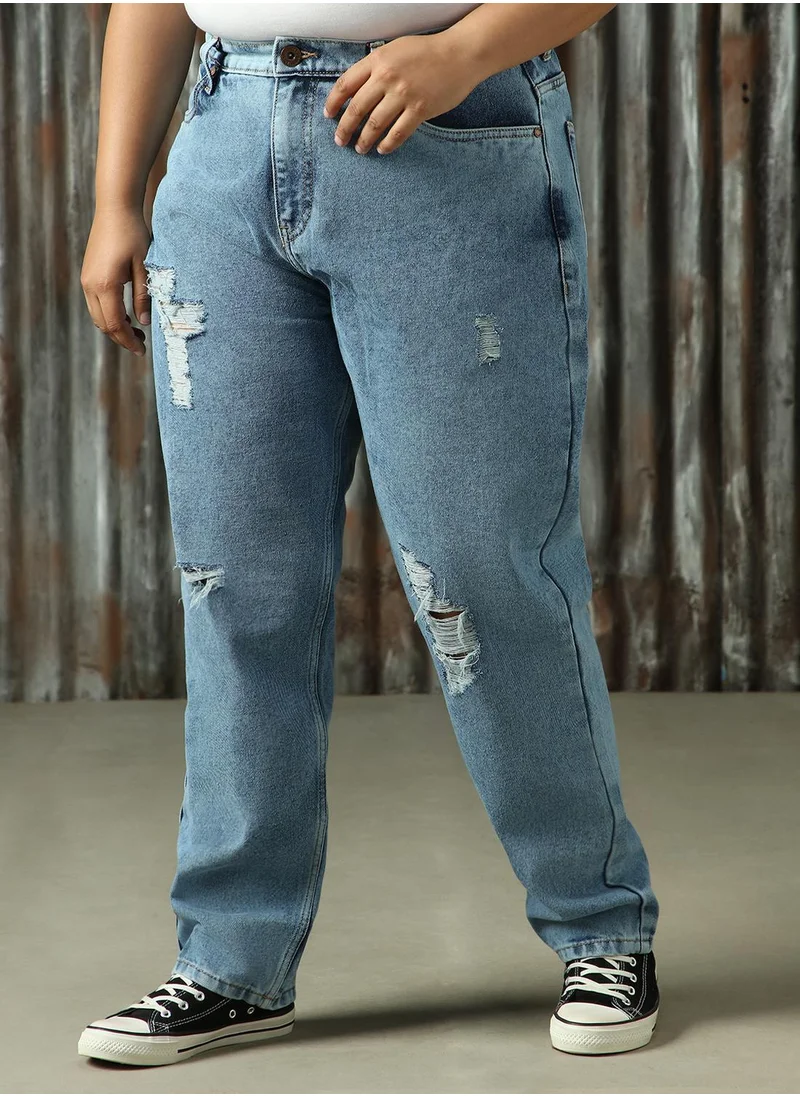 هاي ستار Women's Indigo 100% Cotton Distressed Plus Size Jeans