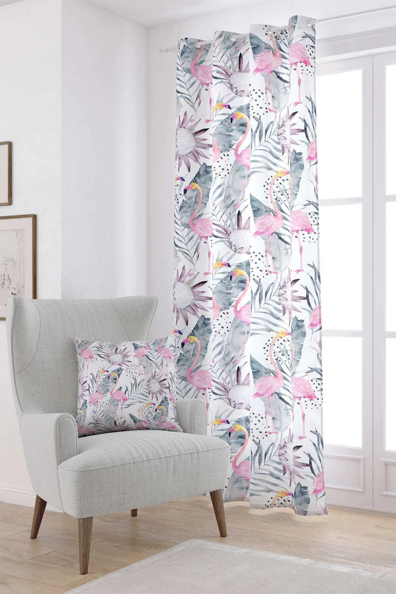 كانغو هوم White Pink Tropical Flamingo Patterned Digital Printed Curtain OTYK610-PR