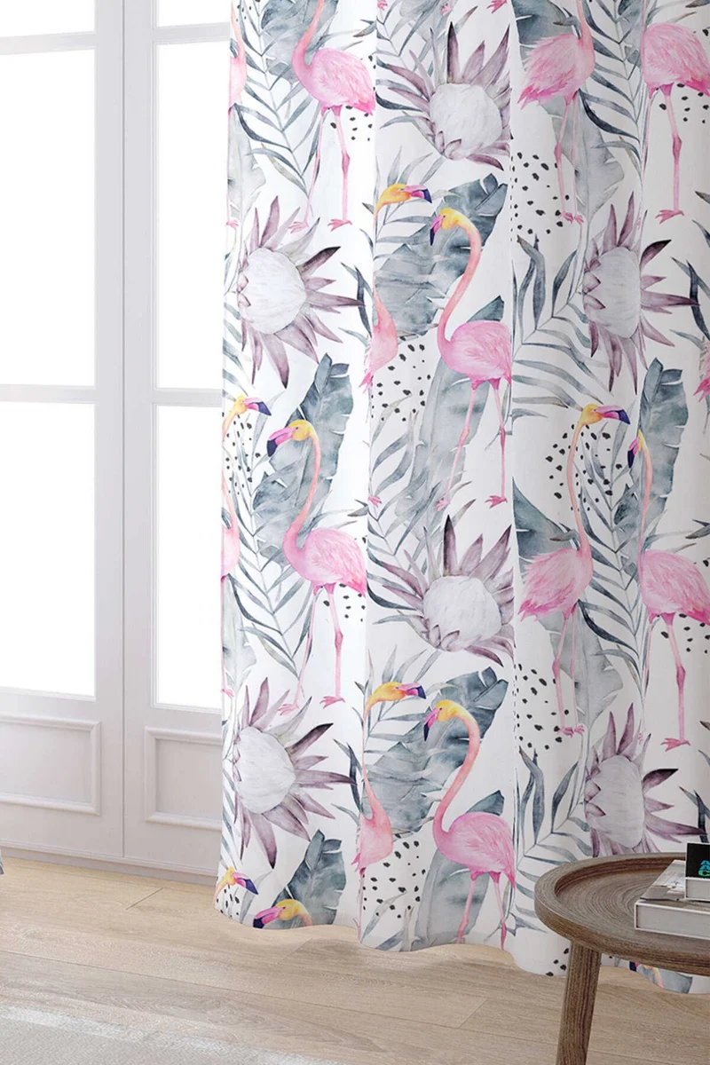 كانغو هوم White Pink Tropical Flamingo Patterned Digital Printed Curtain OTYK610-PR