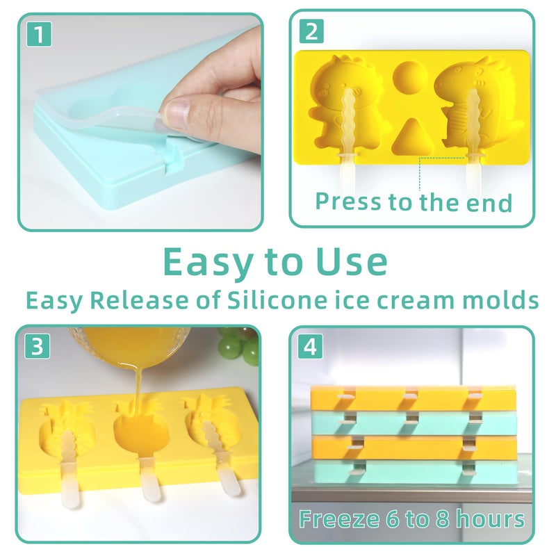 salomayes Kids Cartoon Popsicle Molds - 4 Pack, 10-Cavity Food-Grade Silicone Ice Pop Cream Molds, with Reusable Sticks, Non-Stick Flat Design, Easy Release, Stackable for Space Saving - Image 3