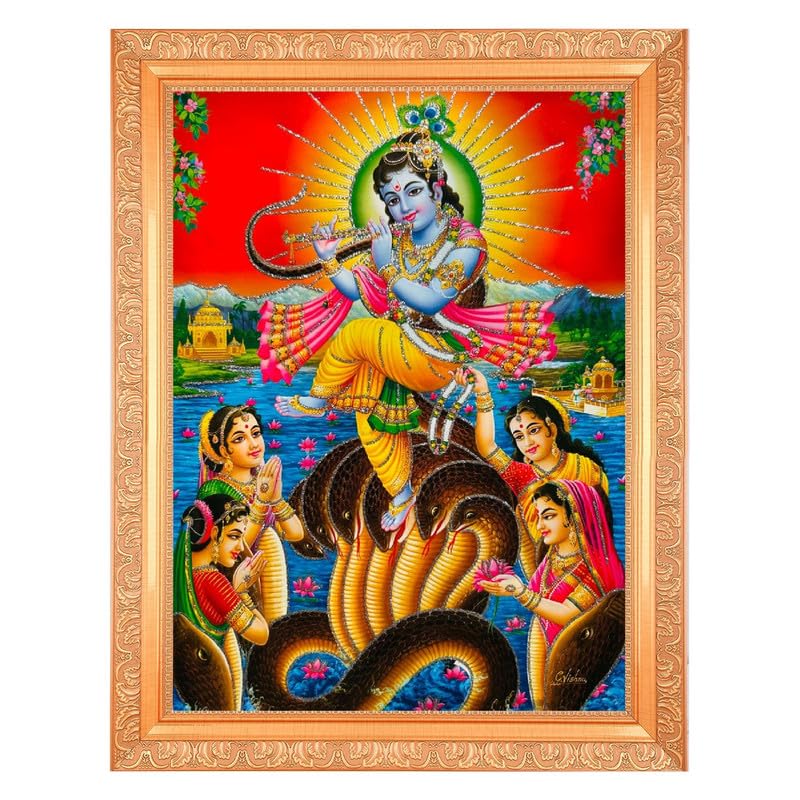 BM TRADERS Krishna Bhagwan Dancing On Snake Zari Art Print Photo In Religious Artwork Frame 11 x 14 Inch OR 2794 X 3556 Cm Housewarming Gift