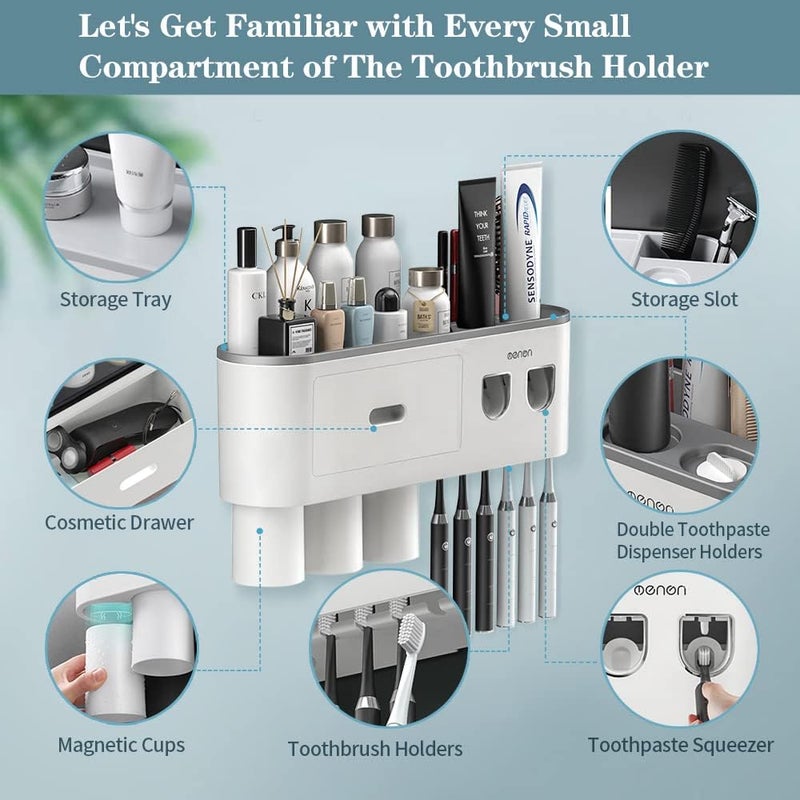 BHeadCat Toothbrush Holders Wall Mounted, Toothbrush Holder with Automatic Toothpaste Dispensers, 6 Brush Slots, 3 Magnetic Cups,1 Cosmetic Drawer Organizer and 1 Large Storage Tray - Image 5