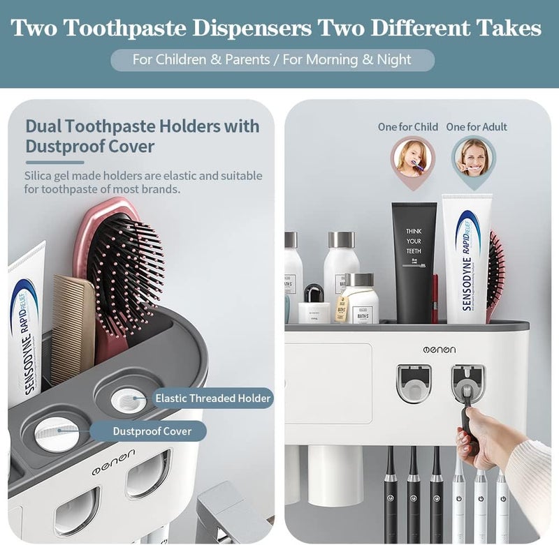 BHeadCat Toothbrush Holders Wall Mounted, Toothbrush Holder with Automatic Toothpaste Dispensers, 6 Brush Slots, 3 Magnetic Cups,1 Cosmetic Drawer Organizer and 1 Large Storage Tray - Image 4
