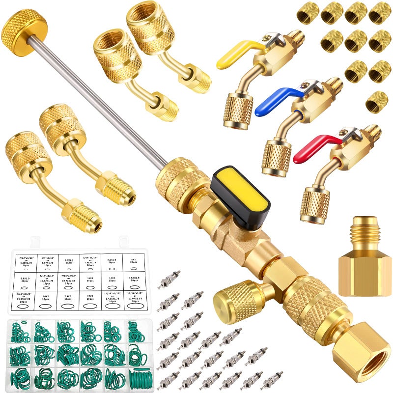 R410a Valve Core Remover Tool HVAC 7 Air Conditioning Refrigerant Angled Compact Ball Valve Compatible with Sae 1 4 and 5 16 Port R410 R32 Brass Adapter 20 Cores 10 Brass Nut 270 Sealing Washer