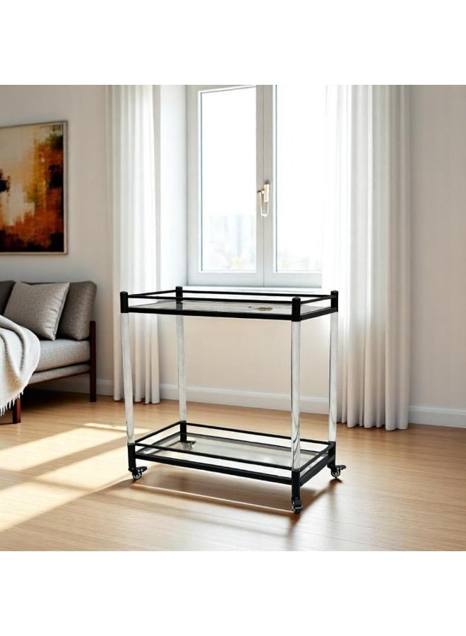 l'elefante 2-Tier Glass Serving Trolley with Wheels – Black Metal Frame Bar Cart, Tea & Coffee Cart, Utility Storage Shelf for Kitchen, Dining Room, Living Room, Home Parties – Mobile Beverage Cart Organizer  - Image 1