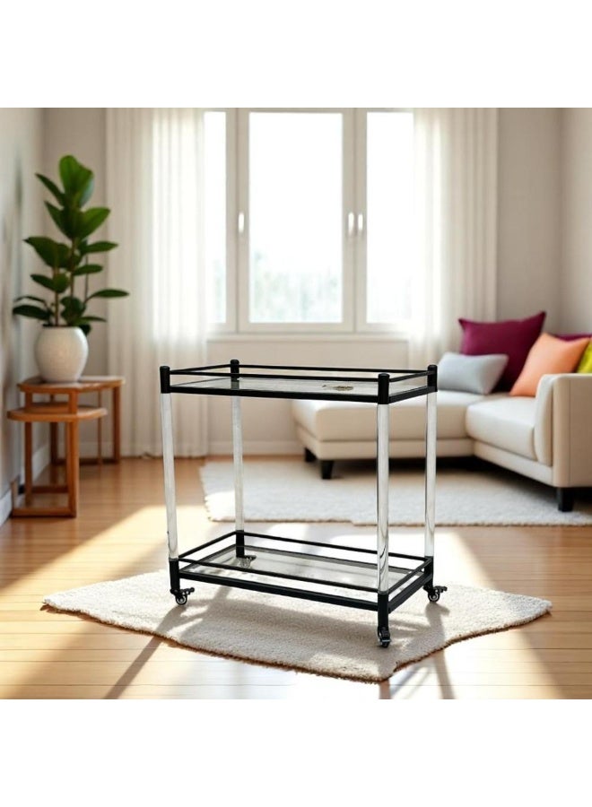 l'elefante 2-Tier Glass Serving Trolley with Wheels – Black Metal Frame Bar Cart, Tea & Coffee Cart, Utility Storage Shelf for Kitchen, Dining Room, Living Room, Home Parties – Mobile Beverage Cart Organizer  - Image 3