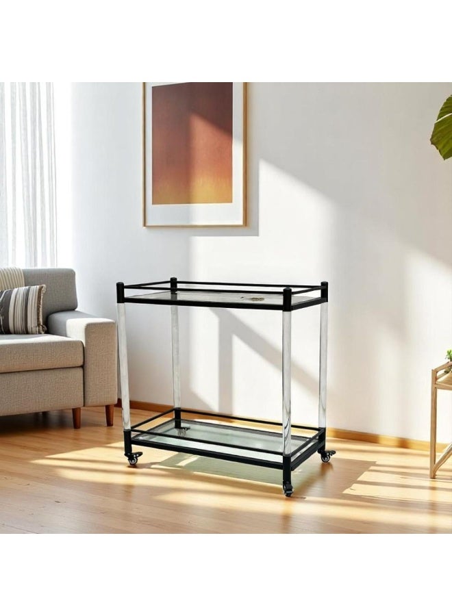 l'elefante 2-Tier Glass Serving Trolley with Wheels – Black Metal Frame Bar Cart, Tea & Coffee Cart, Utility Storage Shelf for Kitchen, Dining Room, Living Room, Home Parties – Mobile Beverage Cart Organizer  - Image 4
