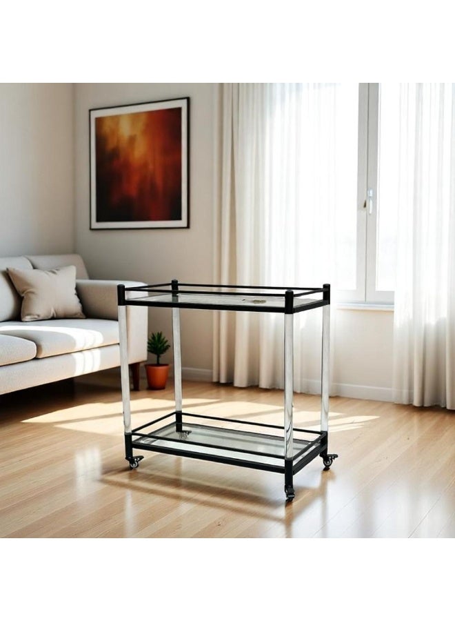 l'elefante 2-Tier Glass Serving Trolley with Wheels – Black Metal Frame Bar Cart, Tea & Coffee Cart, Utility Storage Shelf for Kitchen, Dining Room, Living Room, Home Parties – Mobile Beverage Cart Organizer  - Image 2