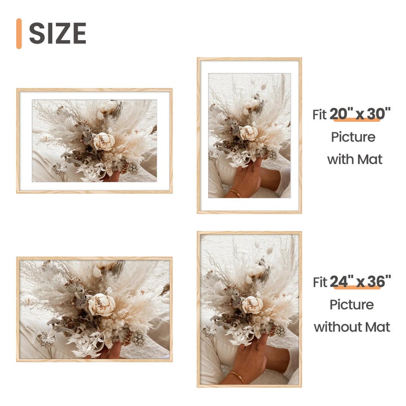 upsimples 24x36 Poster Frame, Display Pictures 20x30 with Mat or 24x36 Without Mat, Wall Hanging Picture Frame, Natural, 1 Pack - Image 3