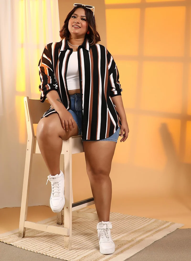 Instafab Plus  Women's Midnight Black & Mocha Brown Striped Boxy Shirt for Women | Best Price UAE