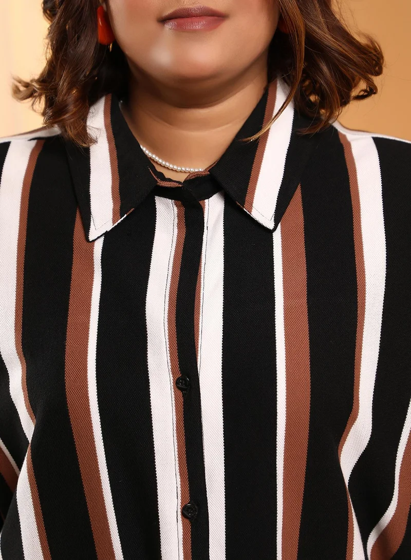 Instafab Plus  Women's Midnight Black & Mocha Brown Striped Boxy Shirt for Women | Best Price UAE