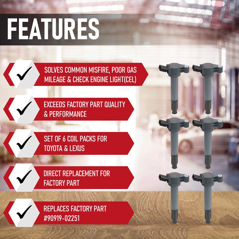 AA Ignition Ignition Coil Set of 6 - Replaces 90919-A2007 - Compatible with Toyota, Lexus & Scion Vehicles - 2.7L, 3.5L V6 - Ignition Coil Pack Fits, Camry V6, Avalon, Sienna, Rav4 and more - Image 2