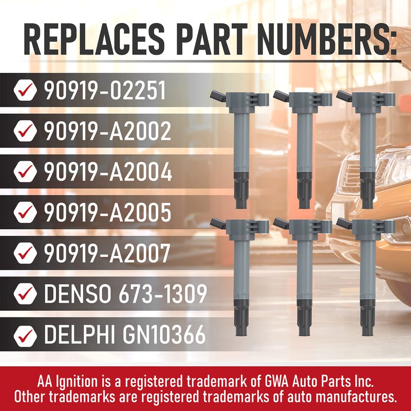 AA Ignition Ignition Coil Set of 6 - Replaces 90919-A2007 - Compatible with Toyota, Lexus & Scion Vehicles - 2.7L, 3.5L V6 - Ignition Coil Pack Fits, Camry V6, Avalon, Sienna, Rav4 and more - Image 3