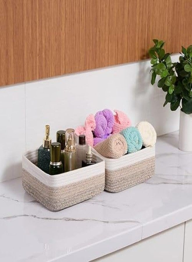 GRATIFY Mansa Traders Small Square Shallow Baskets for Organizing, 9.7x9.7x4.3 Inch Rope Woven Storage Bins for Cubes Closet, Shelves Storage, Boho Decorative Basket, 2 Packs (Kidi Beige White) - Image 3