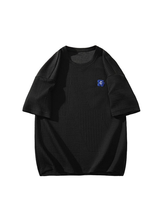 Dingfengbaoluo Hong Kong Style Short Sleeve T-shirt Men's Summer Loose Breathable Letter Embroidery Lazy Style Inner Top Jc102 Black L - Image 5