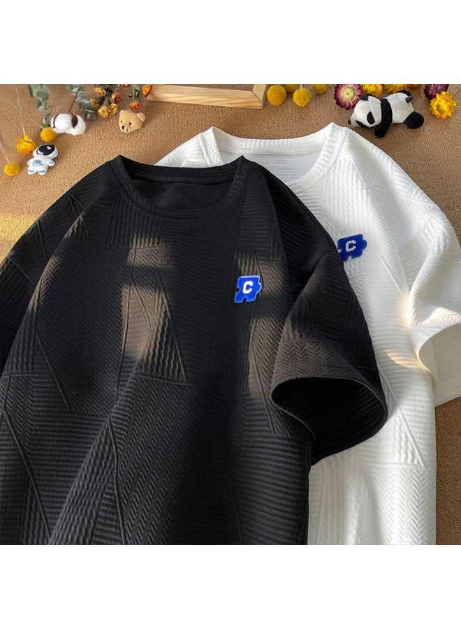 Dingfengbaoluo Hong Kong Style Short Sleeve T-shirt Men's Summer Loose Breathable Letter Embroidery Lazy Style Inner Top Jc102 Black L - Image 2