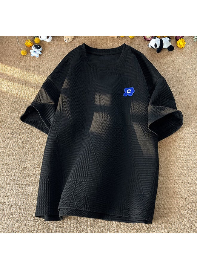 Dingfengbaoluo Hong Kong Style Short Sleeve T-shirt Men's Summer Loose Breathable Letter Embroidery Lazy Style Inner Top Jc102 Black L - Image 1