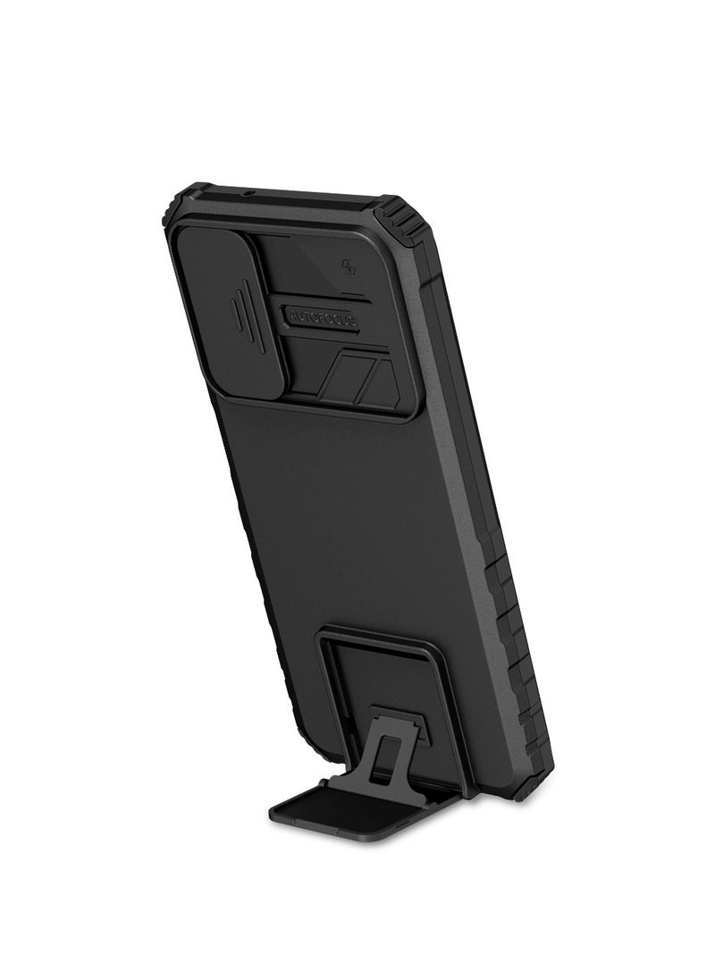 Xiaomi 11T And Xiaomi 11T Pro Black Mobile Phone Case Cover, Innovative Telescopic Bracket, Sliding Protection Camera Window, Bumper Shockproof Phone Back Cover  - Image 1