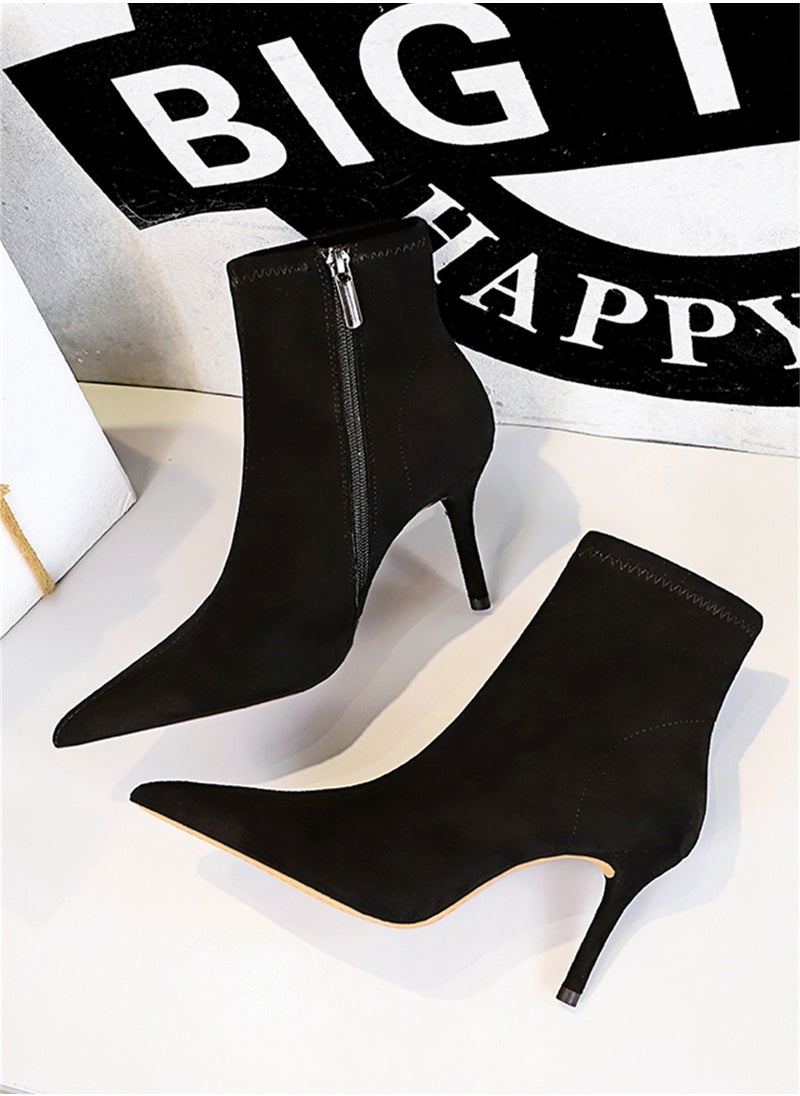 BIGTREE - 8cm Wind Simple Fine Heel High Heel Suede Pointed Lean High Heel Boots Short Leg Woman Black - Image 1