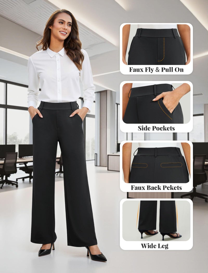 FireSwan Women's Wide Leg Dress Pants High Waisted Stretchy Work Trousers Business Casual Office Pull on Slacks with Pockets Black - Image 5