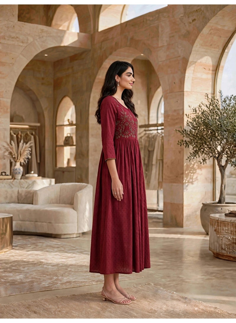 IKKXA Elegant Yoke Embroidered Midi Jalabiya IK14134Maroon - Image 3