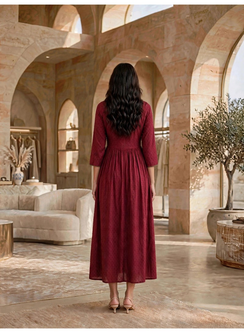 IKKXA Elegant Yoke Embroidered Midi Jalabiya IK14134Maroon - Image 5
