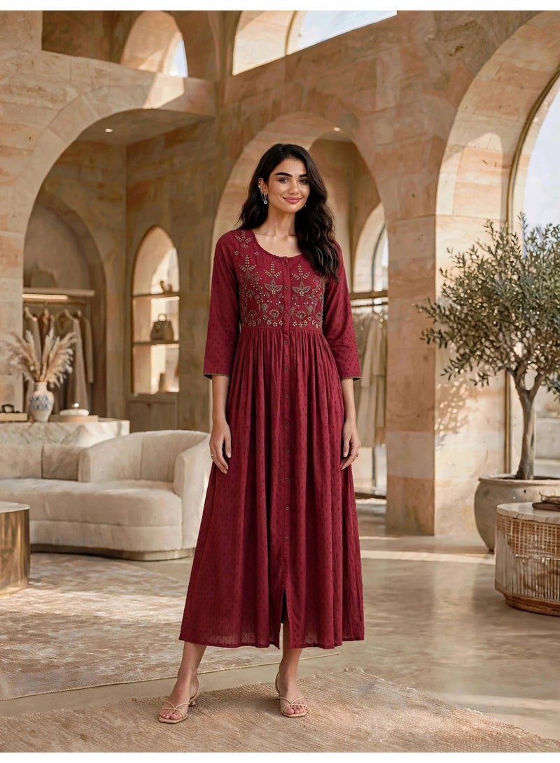 IKKXA Elegant Yoke Embroidered Midi Jalabiya IK14134Maroon - Image 1