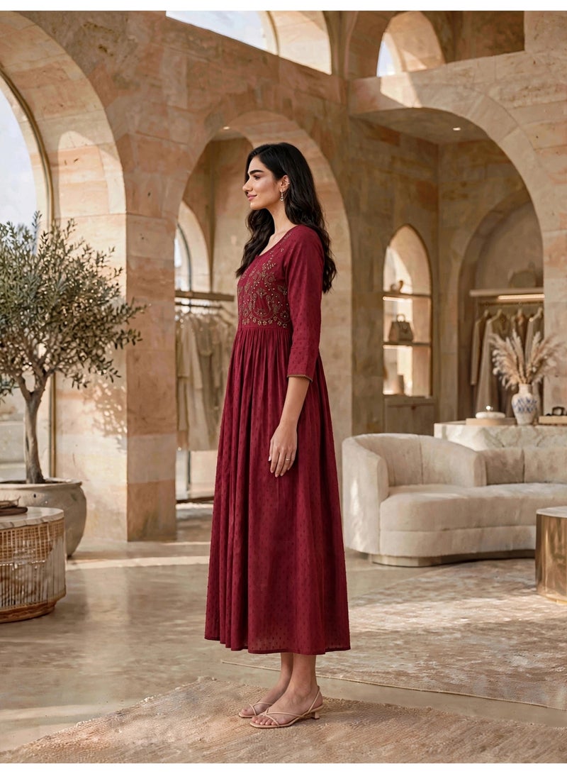 IKKXA Elegant Yoke Embroidered Midi Jalabiya IK14134Maroon - Image 4