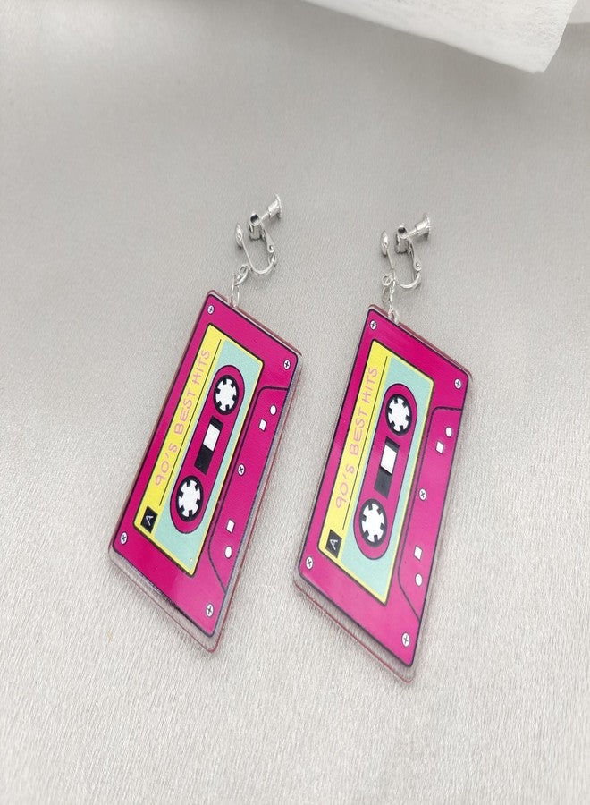 Modpide 80s Cassette Tape Clip on Earrings Love Heart Clip on Earrings 1980s Retro Tape Earrings (Rose Red Cassette Tape) - Image 4