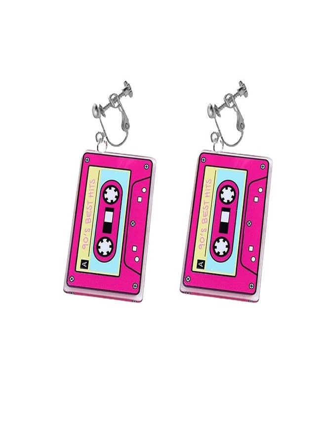 Modpide 80s Cassette Tape Clip on Earrings Love Heart Clip on Earrings 1980s Retro Tape Earrings (Rose Red Cassette Tape) - Image 1