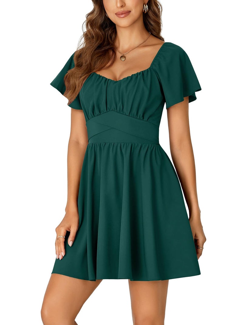 Rooscier Women's Tie Back Square Neck Wrap Ruffle Short Sleeve Flare Mini Dress Dark Green Small - Image 3