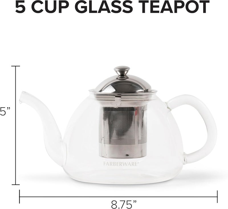 Farberware Glass Teapot, Tea Brewer for Blooming Loose Leaf Teas, Borosilicate Glass Tea Steeper, Non-Drip Spout, Stainless Steel Infuser, 5 Cup Capacity - Image 4