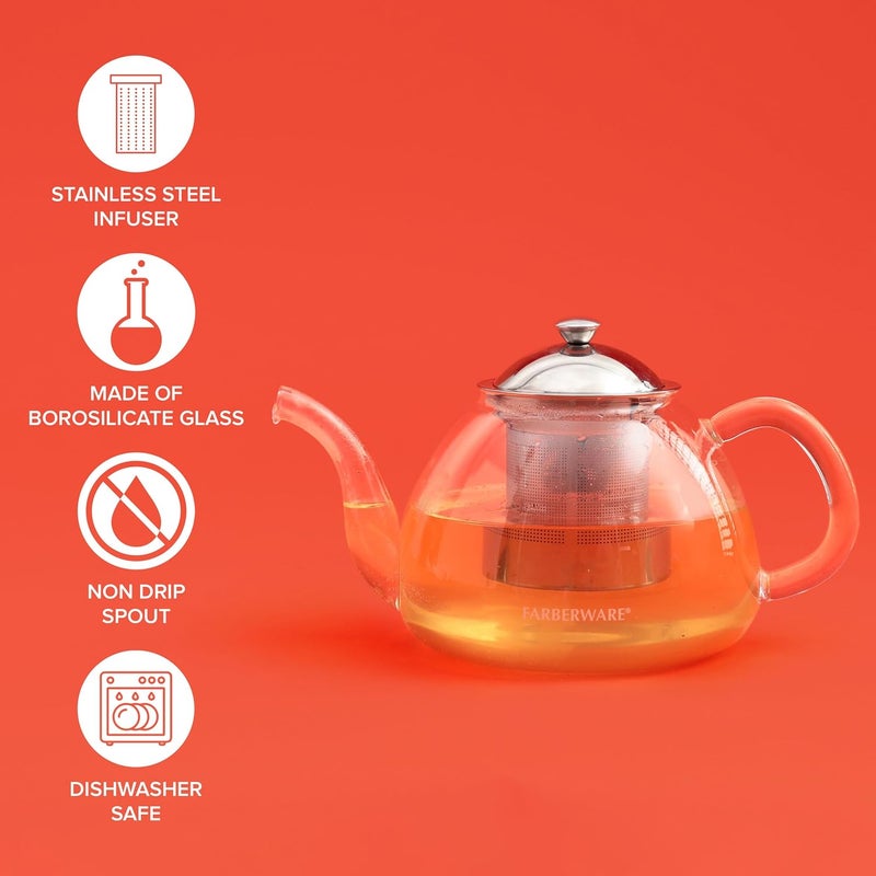 Farberware Glass Teapot, Tea Brewer for Blooming Loose Leaf Teas, Borosilicate Glass Tea Steeper, Non-Drip Spout, Stainless Steel Infuser, 5 Cup Capacity - Image 2