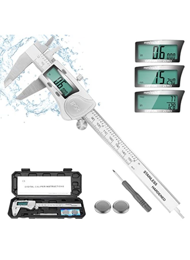 Digital Caliper Measuring Tool, IP54 Waterproof Electronic Micrometer Caliper, Stainlee Steel Vernier Caliper with Large LCD Screen, Inch Metric Fraction Conversion, 6 Inch for Household/DIY - Image 1