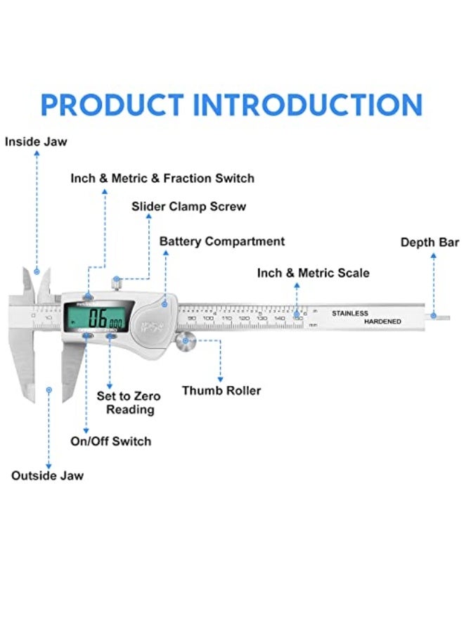 Digital Caliper Measuring Tool, IP54 Waterproof Electronic Micrometer Caliper, Stainlee Steel Vernier Caliper with Large LCD Screen, Inch Metric Fraction Conversion, 6 Inch for Household/DIY - Image 5