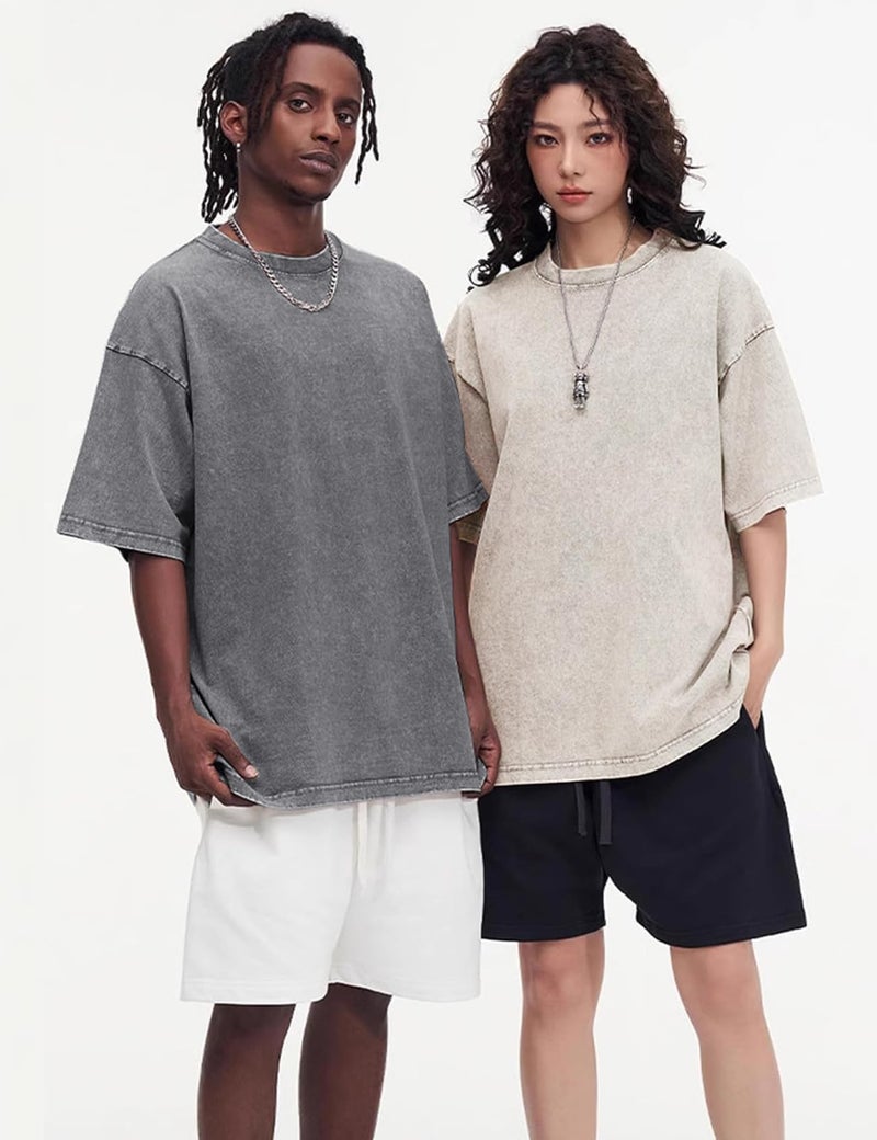 Arssm 3 Pack Men Oversized T Shirts Vintage Tee Loose Fit Short Sleeve Casual Streetwear Baggy Washed Unisex Tops(ArmyGreyBeige-M) - Image 4