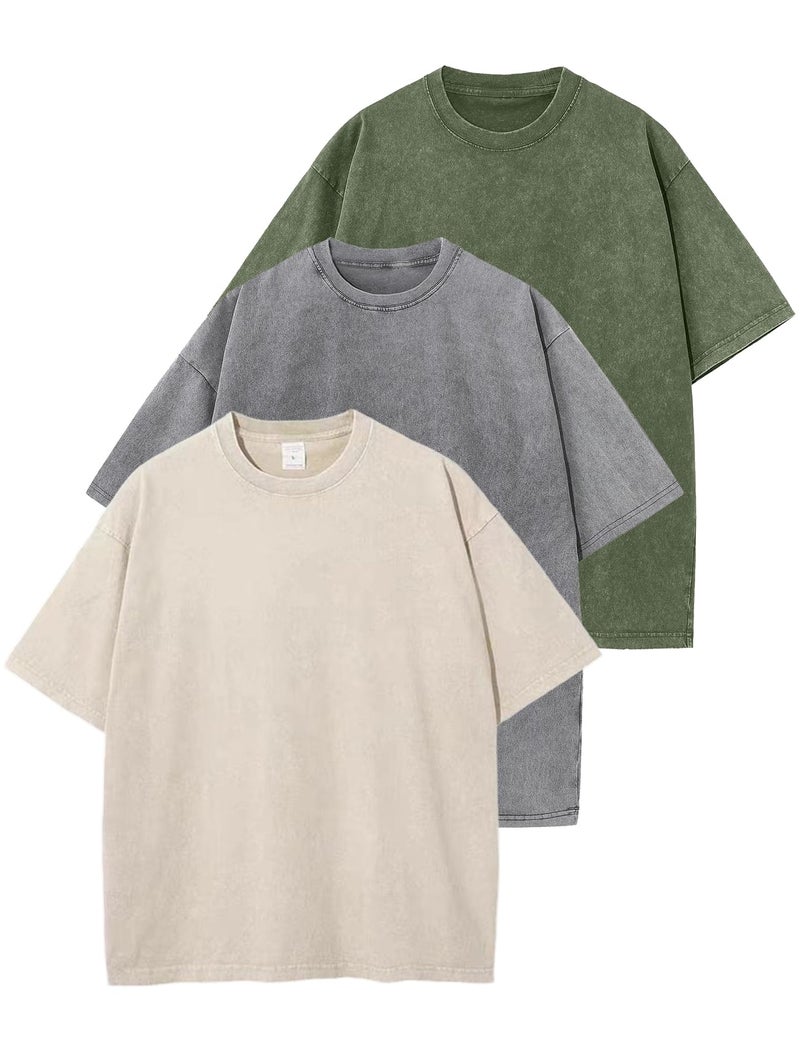 Arssm 3 Pack Men Oversized T Shirts Vintage Tee Loose Fit Short Sleeve Casual Streetwear Baggy Washed Unisex Tops(ArmyGreyBeige-M) - Image 1