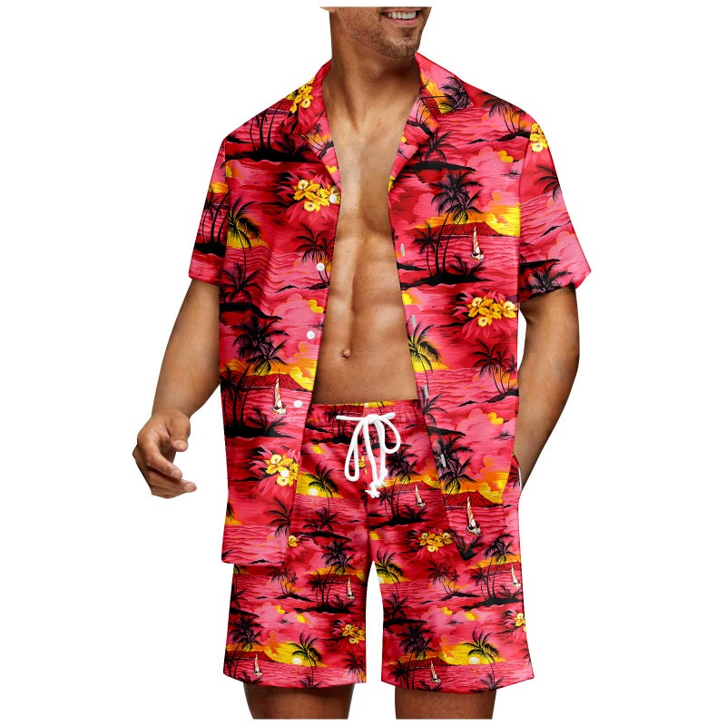 Men's Hawaiian Print Short Sleeve Shirt and Shorts Set - Image 3