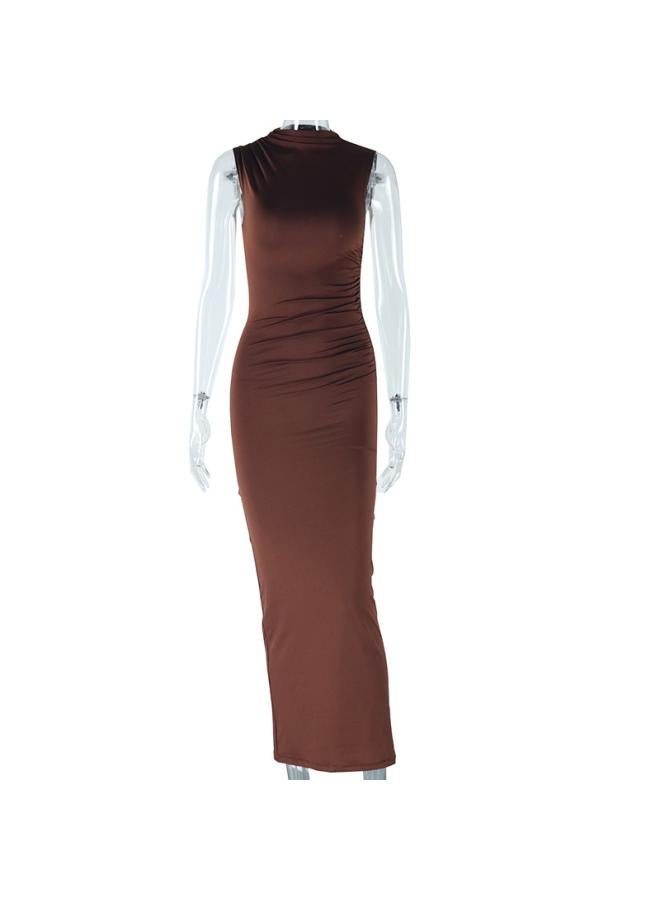 European And American Style Women's Solid Color Sleeveless Dress Crewneck Elegant Casual Pullover Step Dress 