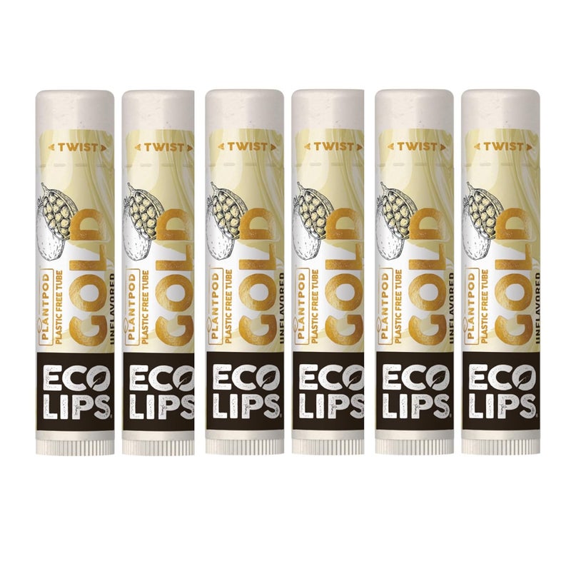 Eco Lips GOLD 100 Organic Lip Balm with Baobab  Soothe and Moisturize Dry Cracked and Chapped Lips  100 PlasticFree Plant Pod Packaging 6 Tubes