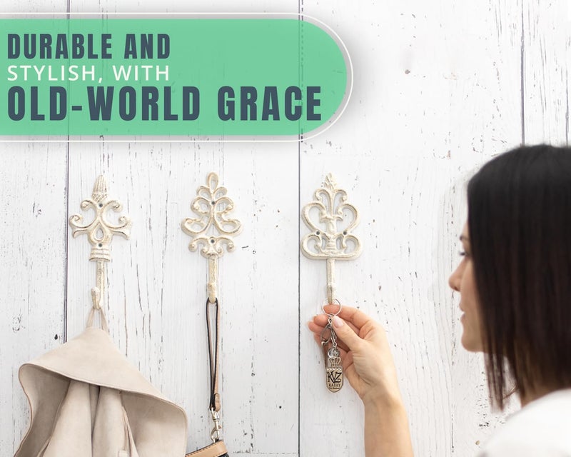 Comfify خطافات جدارية زخرفية على الطراز الشابي - مجموعة من 3 - ديكور جدار فرنسي ريفي من الحديد الزهر - خطافات مزرعة للمعاطف، الحقائب والمزيد - أبيض ريفي - Image 5