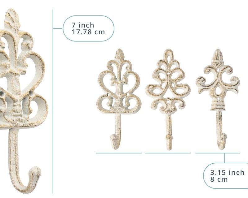 Comfify خطافات جدارية زخرفية على الطراز الشابي - مجموعة من 3 - ديكور جدار فرنسي ريفي من الحديد الزهر - خطافات مزرعة للمعاطف، الحقائب والمزيد - أبيض ريفي - Image 3