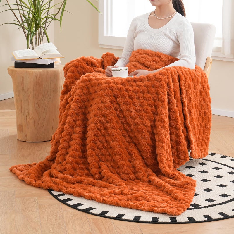 Vessia Flannel Fleece Throw Blanket  3D Jacquard Burnt Orange Fuzzy And Warm Blanket For Couch  Sofa  Bed  300Gsm Super Soft Touch Cozy Home Decor For All Seasons (50X70 Inches) - Image 4