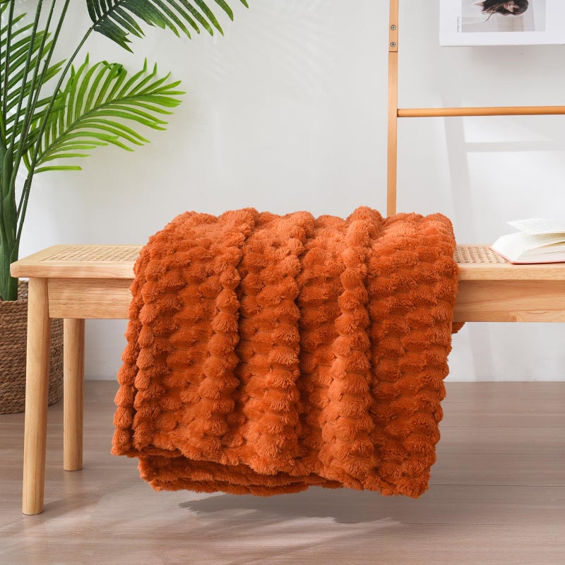 Vessia Flannel Fleece Throw Blanket  3D Jacquard Burnt Orange Fuzzy And Warm Blanket For Couch  Sofa  Bed  300Gsm Super Soft Touch Cozy Home Decor For All Seasons (50X70 Inches) - Image 5