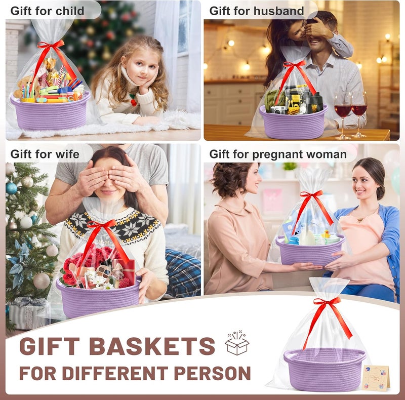 Bufims Small Woven Purple Gifts Basket for Storage Empty with Ribbons and Bags Durable Cute Gifts 12"X 8" X 5" Small Rope Basket for Gifting - Image 2