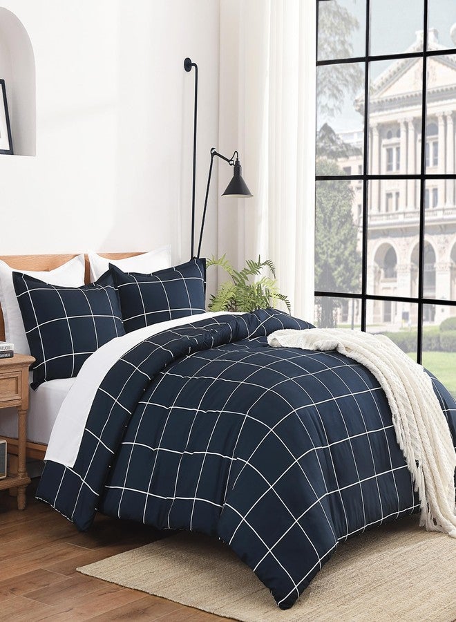 Andency Navy Plaid Comforter Full(79x90Inch), Dark Blue Grid Gingham Buffalo Plaid Bed Set for Boys Kids Teens, 3 Pieces Lightweight Microfiber Geometric Preppy Bedding - Image 3